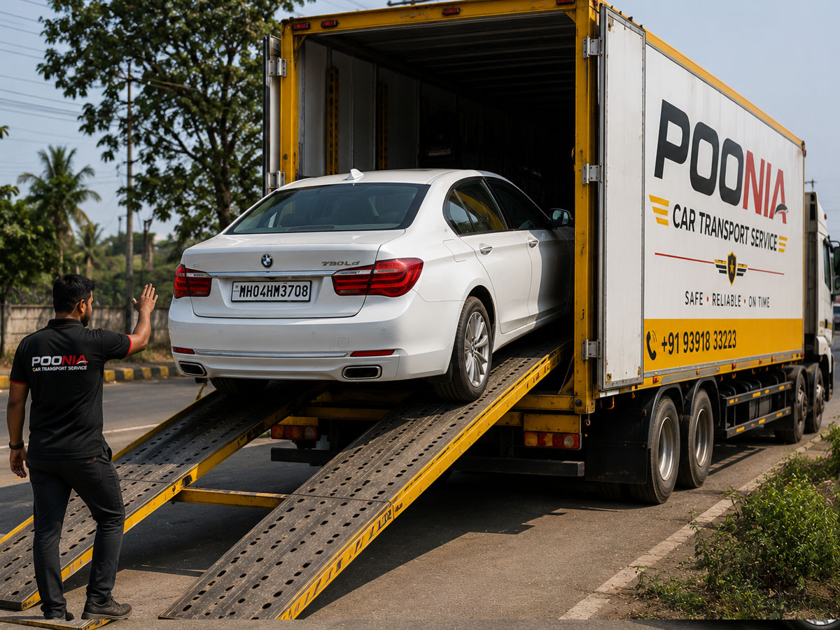 Car being loaded onto transport carrier